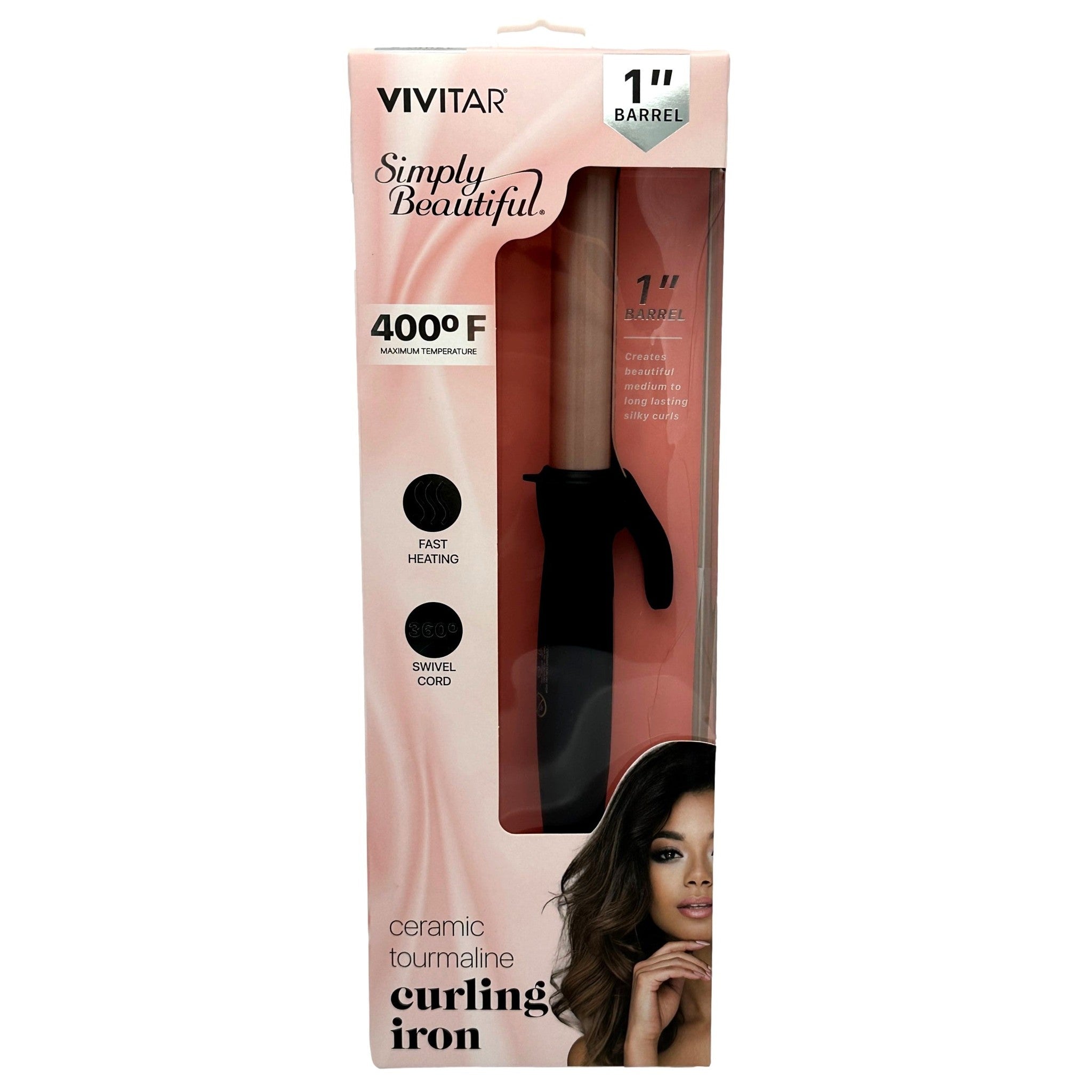 Vivitar ceramic tourmaline curling iron packaging with product image on a white background